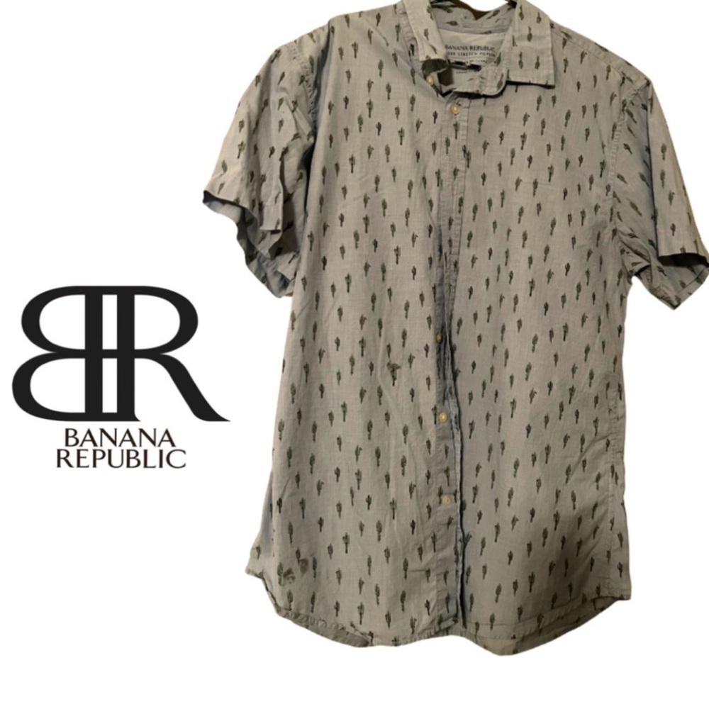 EUC Banana Republic Luxe Stretch Poplin Grant Slim Fit Short Sleeve Cactus